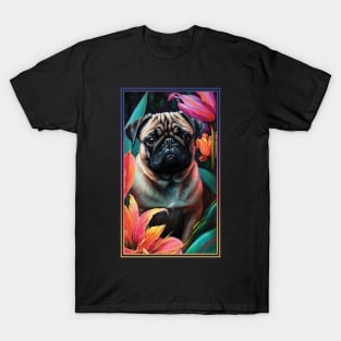 Pug Dog Vibrant Tropical Flower Tall Digital Oil Painting Portrait T-Shirt